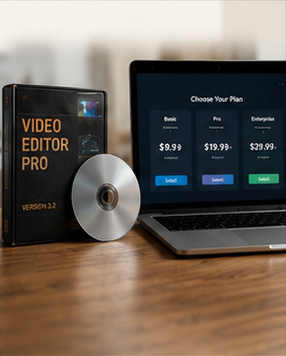 Old video editing software box and disc beside a laptop showing subscription pricing plans